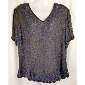 Women's Silk Blouse Beaded Papell Boutique Black Lined Scalloped Edge Size 1X